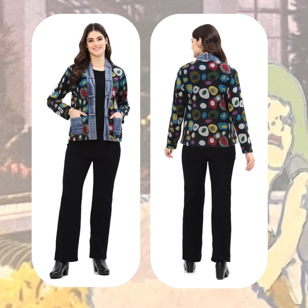 🏷️ 🆕 🎉 abstract multicolor circle with denim trim patchwork open jacket cardigan